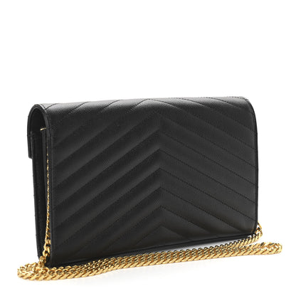 Saint Laurent Grain De Poudre Matelasse Chevron Monogram Chain Wallet Black 2 of 9