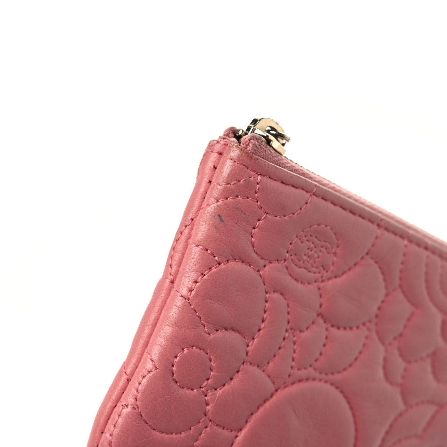 Lambskin Camellia Embossed Cosmetic Pouch Pink