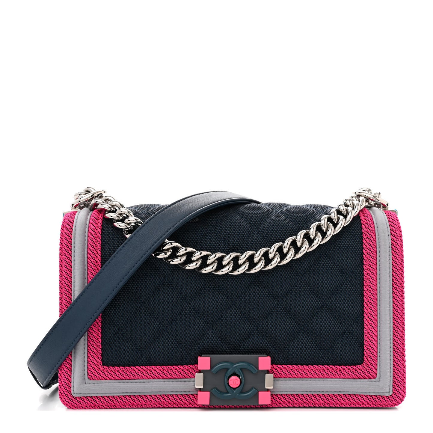 Canvas Quilted Medium Fluo Boy Flap Dark Navy Fuchsia Grey