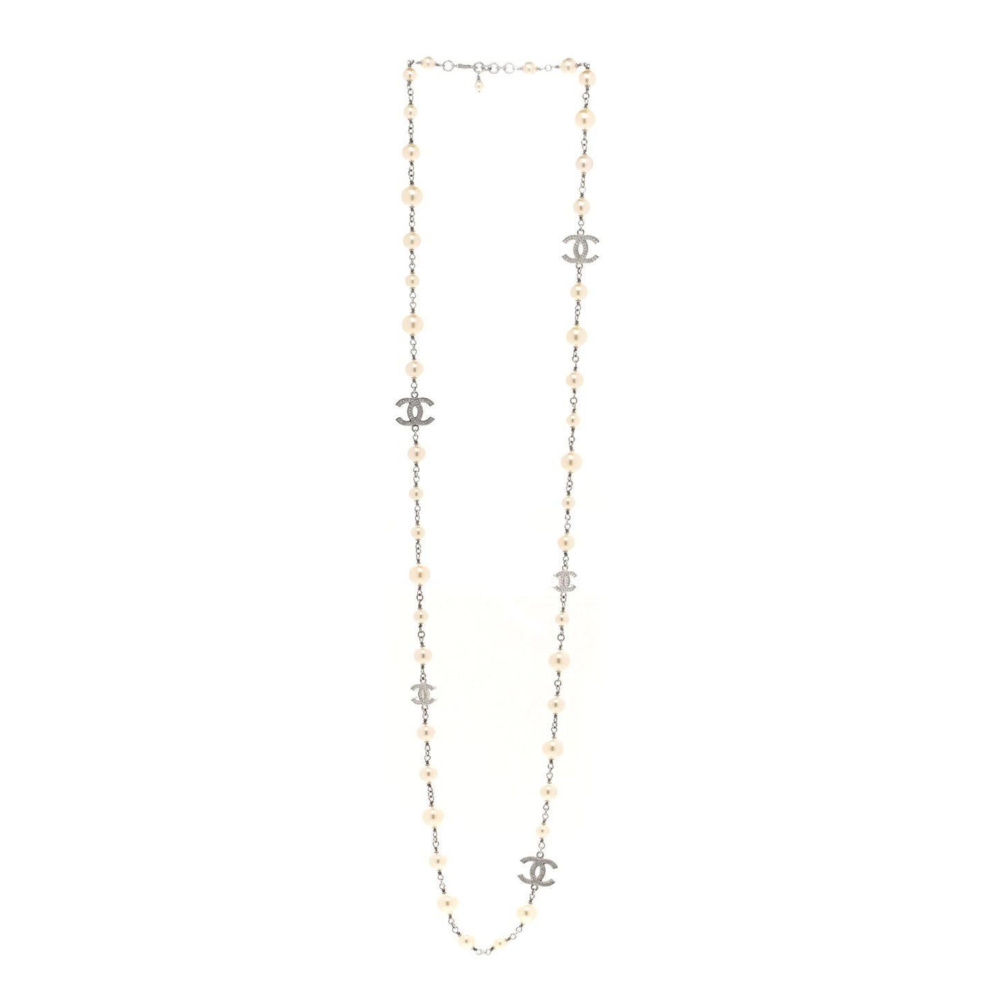 Graduated Pearl Crystal CC Long Necklace Silver