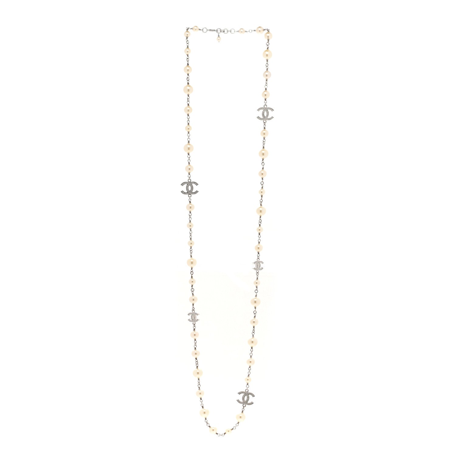 Chanel Graduated Pearl Crystal CC Long Necklace Silver 3 of 6