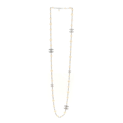 Chanel Graduated Pearl Crystal CC Long Necklace Silver 3 of 6