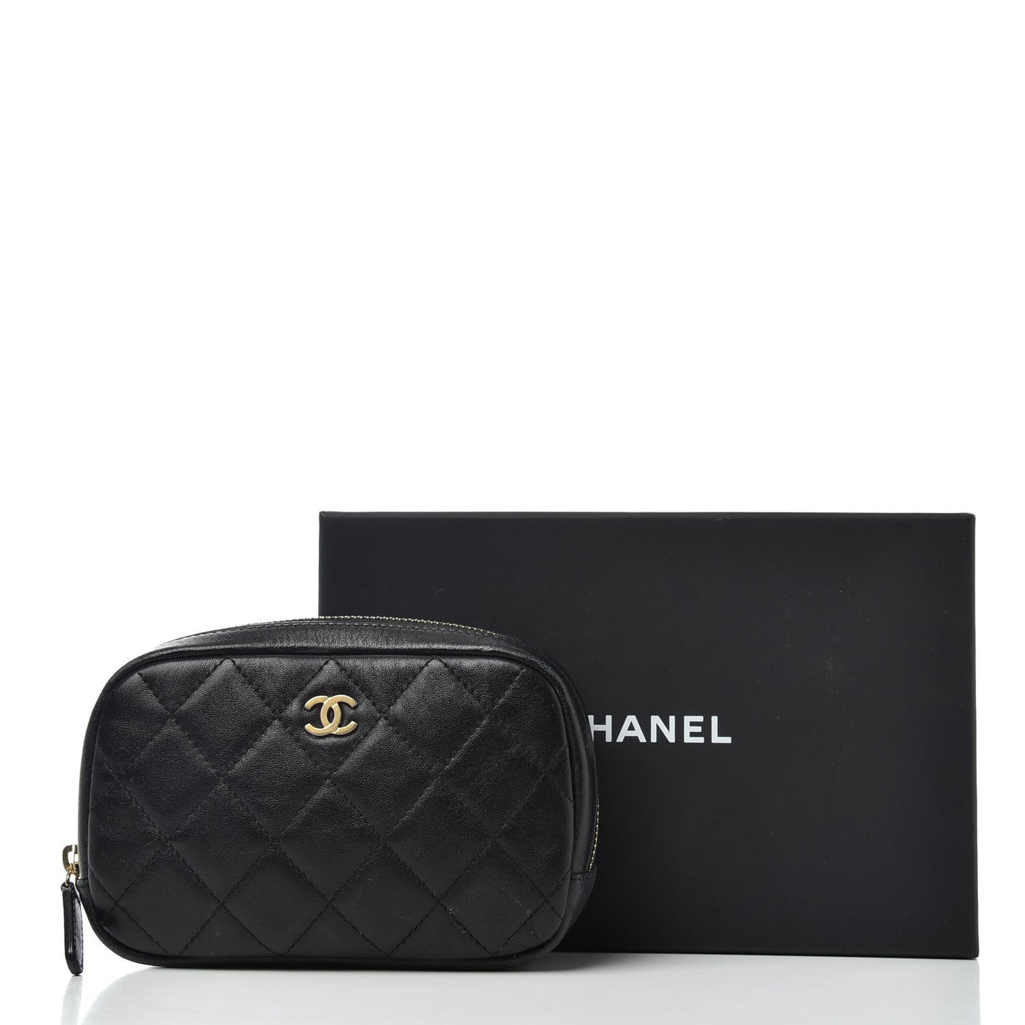 Lambskin Quilted Small Curvy Pouch Cosmetic Case Black