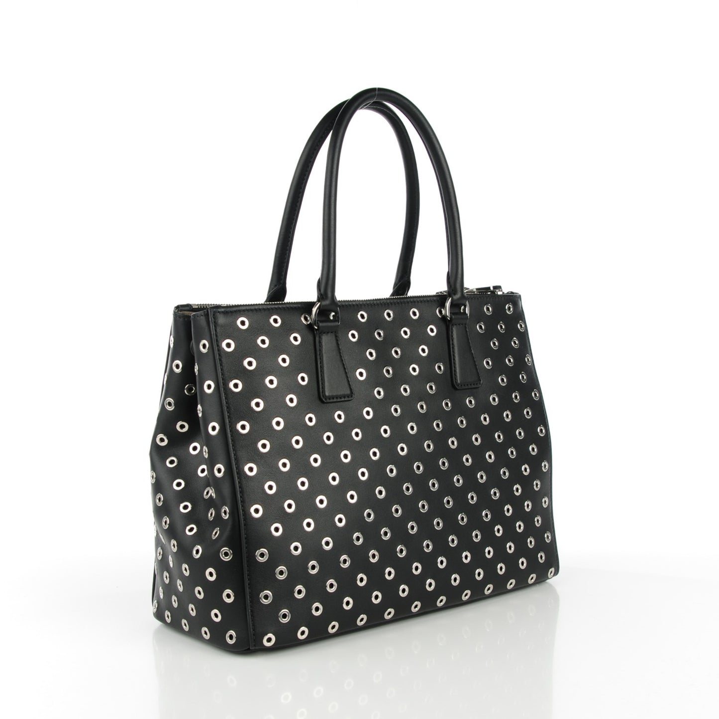 City Calf Grommet Medium Double Zip Tote Nero Black