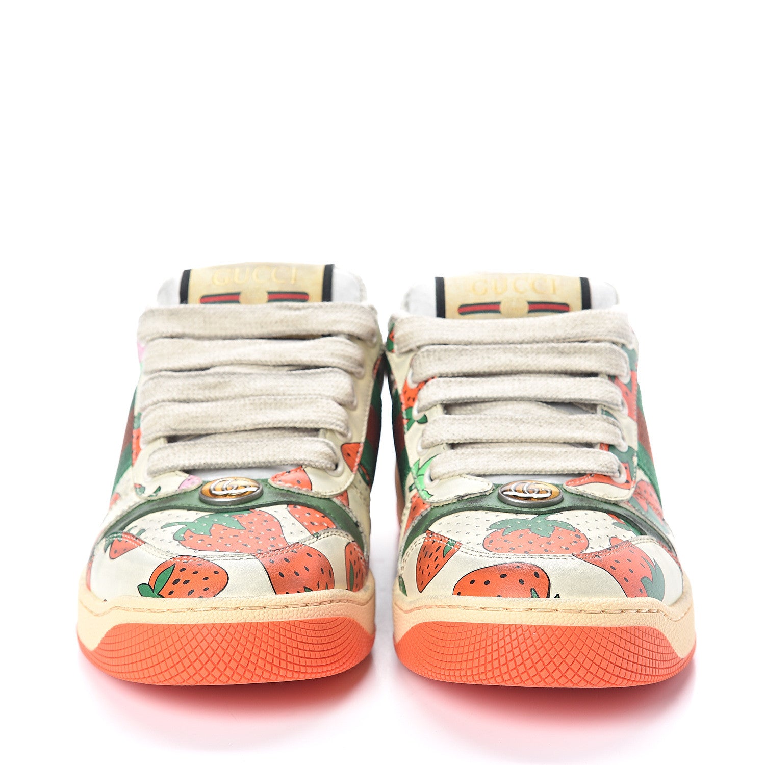 Gucci Calfskin Web Strawberry Print Womens Screener Sneakers 35.5 Ivory Red Vintage Green 2 of 7