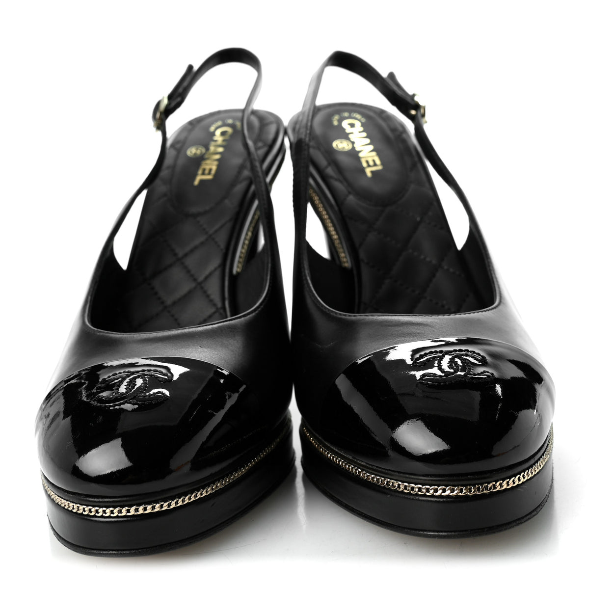 Chanel Lambskin Patent Calfskin Embellished Cap Toe CC Slingback Pumps 38 Black 3 of 9