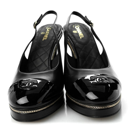 Chanel Lambskin Patent Calfskin Embellished Cap Toe CC Slingback Pumps 38 Black 3 of 9