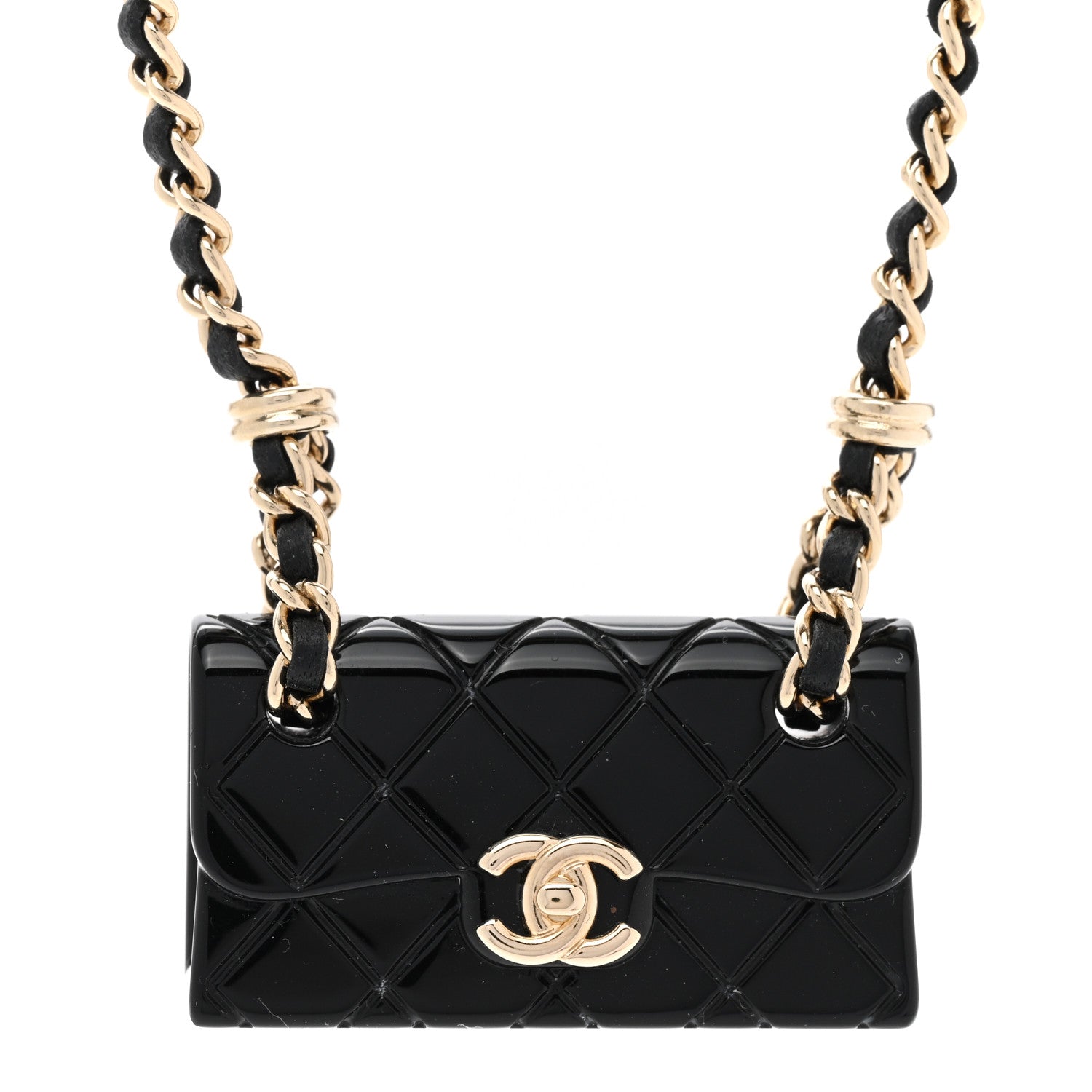 Chanel Metal Resin Calfskin Quilted CC Turnlock Chain Bag Necklace Gold Black 4 of 6