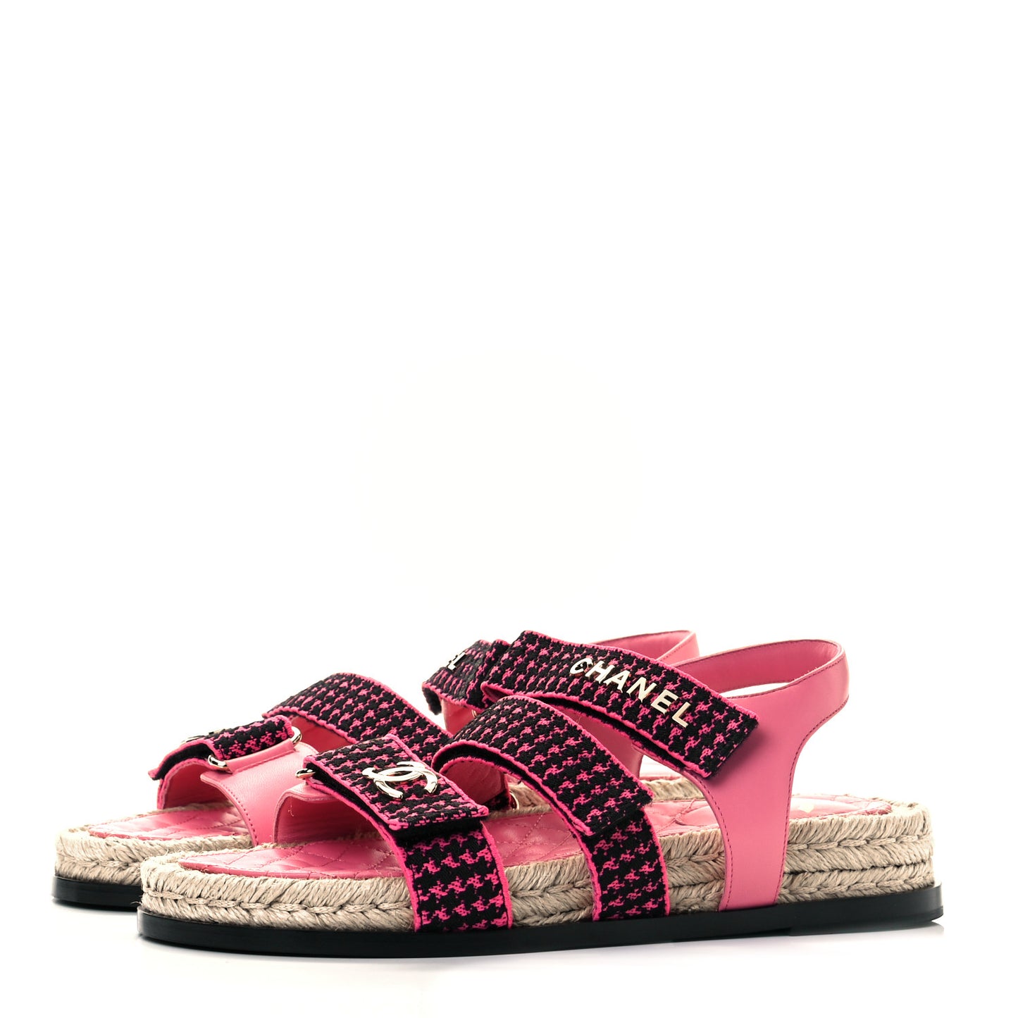 Stretch Fabric Lambskin CC Flat Sandals 39 Pink Black