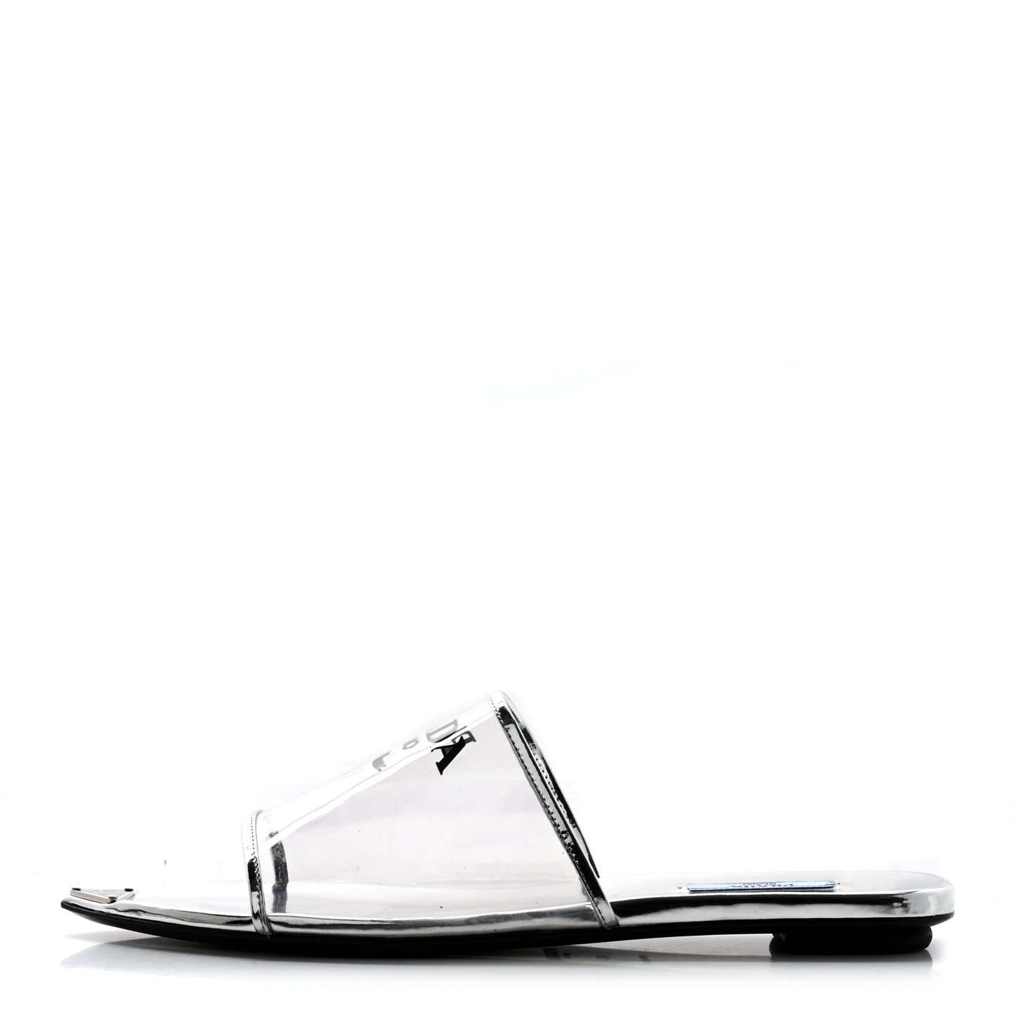 Plexiglass Metallic Calfskin Metal Triangle Logo Ciabatte Flat Slide Sandals 40 Argento