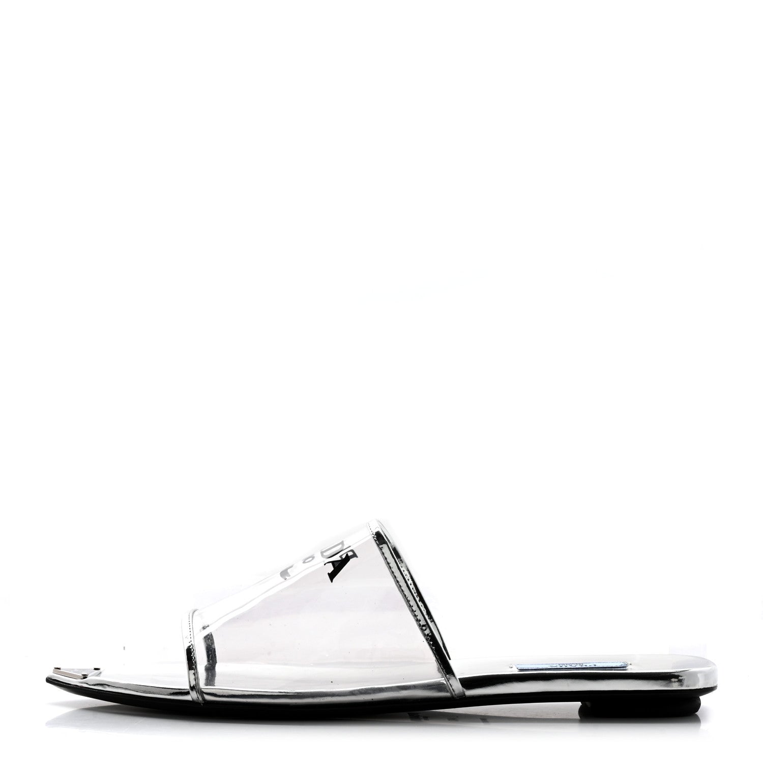 Prada Plexiglass Metallic Calfskin Metal Triangle Logo Ciabatte Flat Slide Sandals 40 Argento 1 of 12