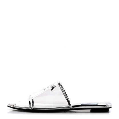 Prada Plexiglass Metallic Calfskin Metal Triangle Logo Ciabatte Flat Slide Sandals 40 Argento 1 of 12
