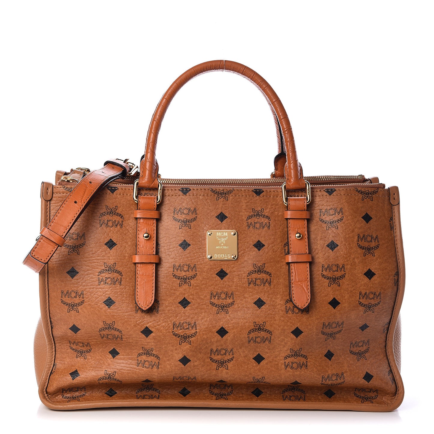 Visetos Calfskin Crocodile Embossed Double Zip Tote Cognac