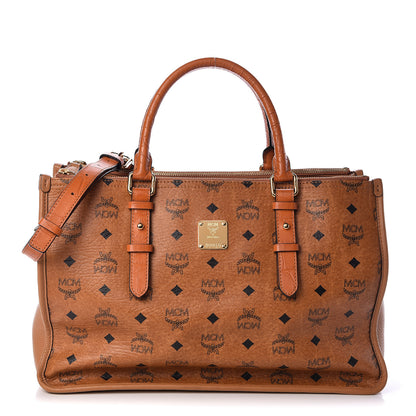 MCM Visetos Calfskin Crocodile Embossed Double Zip Tote Cognac 1 of 12