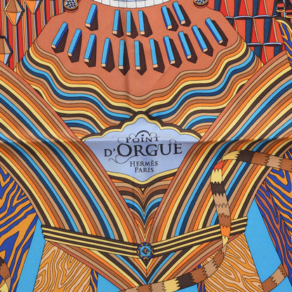 Hermes Silk Point D'Orgue Scarf 90 Bleu Azur Marron Juane D'or 6 of 9