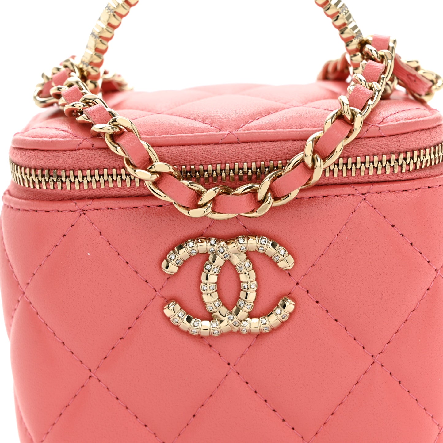 Lambskin Quilted Crystal Top Handle Mini Vanity Case With Chain Coral