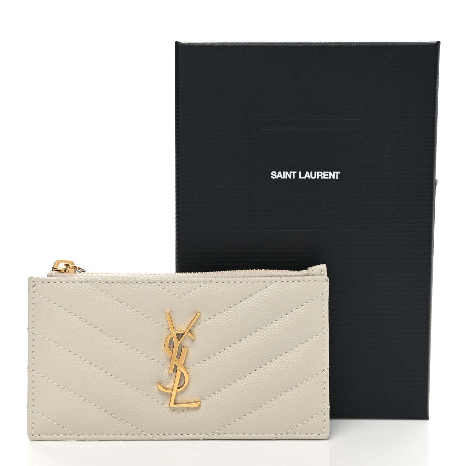 Saint Laurent Grain De Poudre Matelasse Chevron Monogram Fragments Zippered Card Case Crema Soft 8 of 8