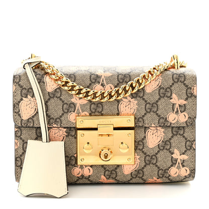 Gucci GG Supreme Monogram Berry Textured Dollar Calfskin Small Padlock Shoulder Bag Beige Ebony Light Copper Mystic White 1 of 10