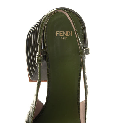 Fendi Calfskin Crocodile Embossed Promenade Slingback Loafer Pumps 39 Military Green 7 of 8