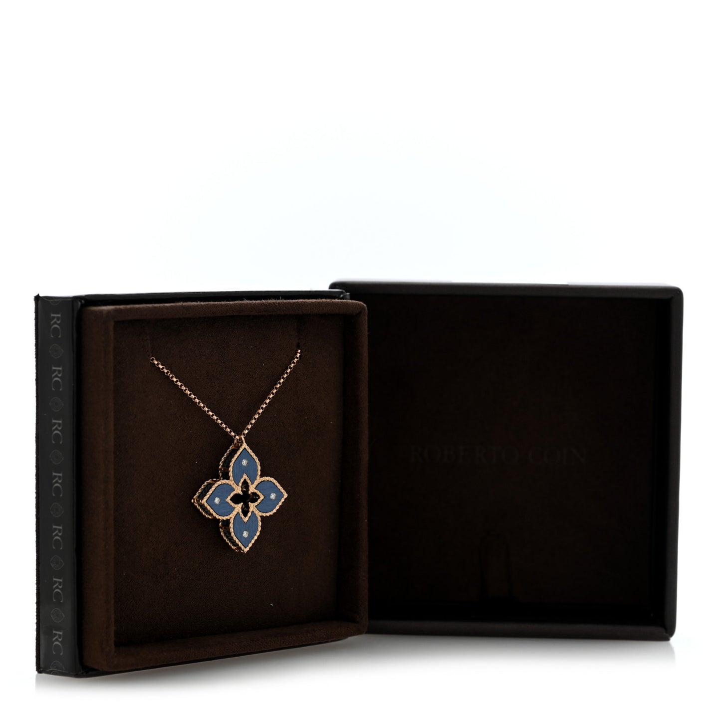 18K Rose Gold Diamond Blue Titanium Small Venetian Princess Flower Pendant Necklace
