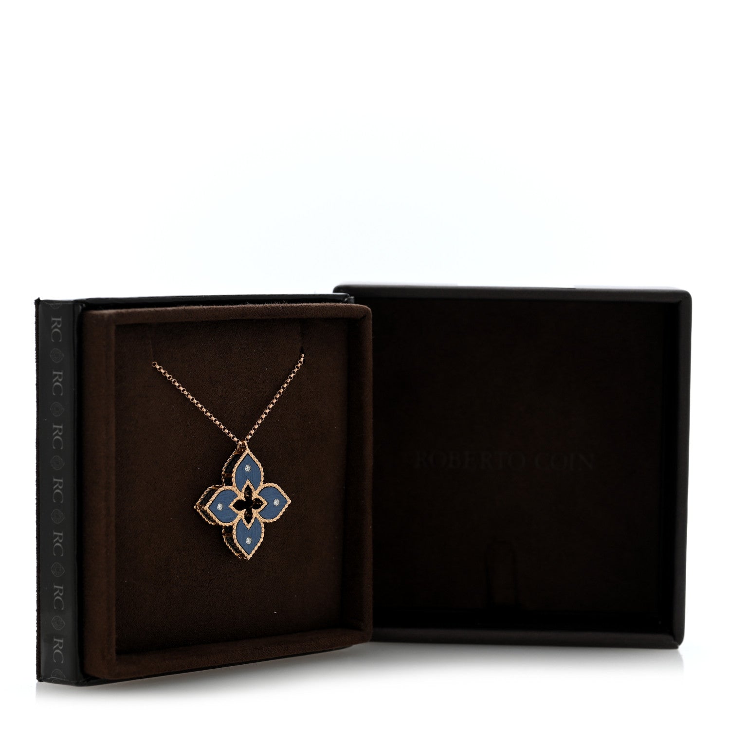 Roberto Coin 18K Rose Gold Diamond Blue Titanium Small Venetian Princess Flower Pendant Necklace 5 of 5