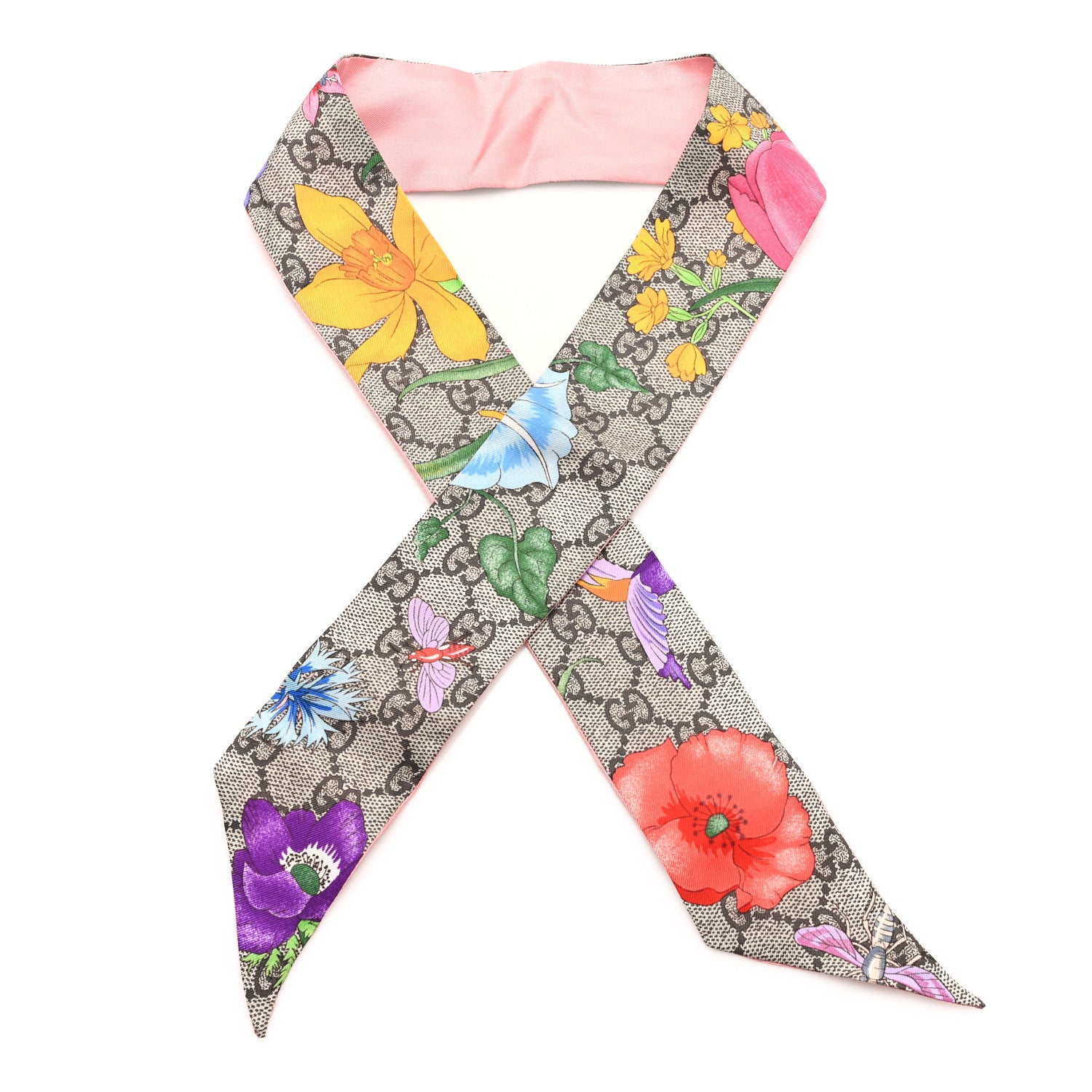 Gucci Silk Twill GG Monogram Special Flory Neck Bow Scarf Beige Pink 1 of 3