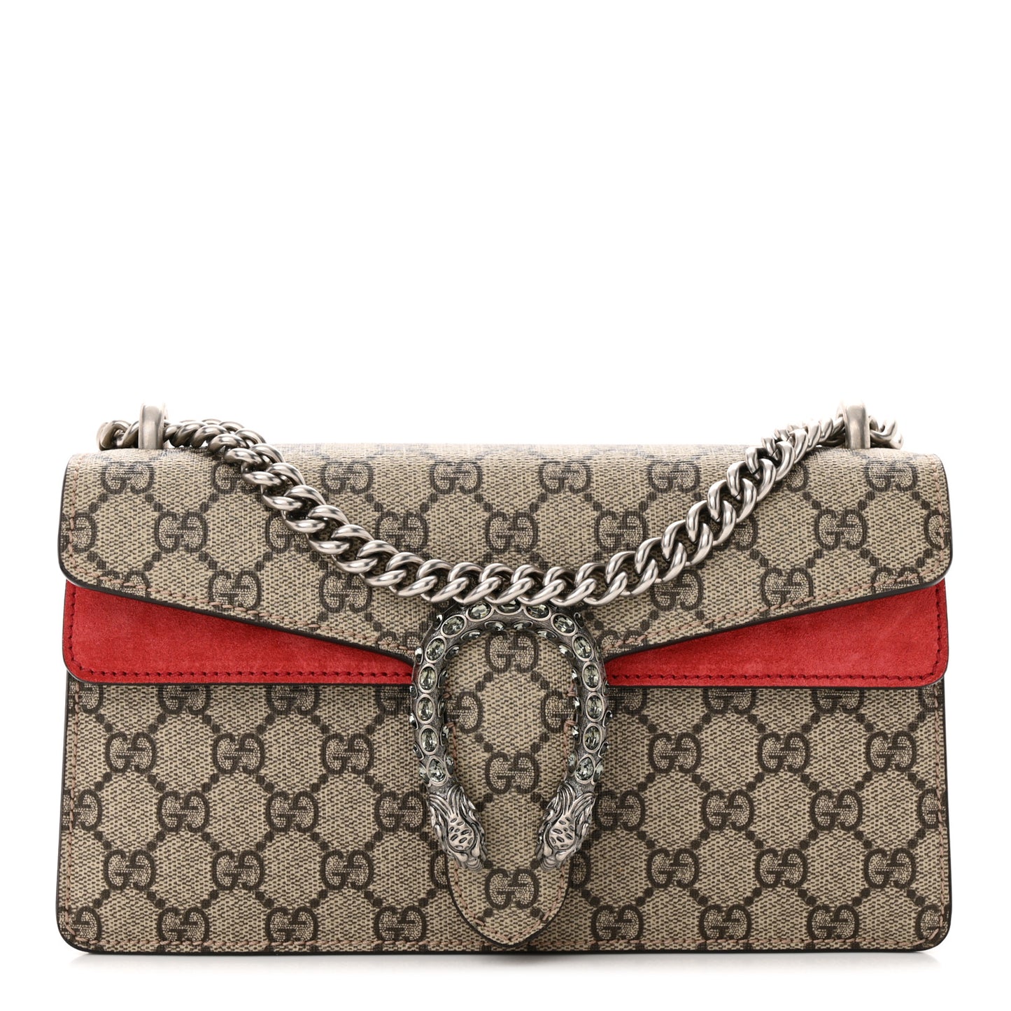 GG Supreme Monogram Suede Crystal Small Dionysus Shoulder Bag Vulcanic Red