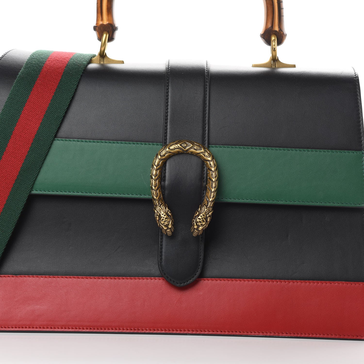 Gucci Calfskin Bamboo Web Large Dionysus Top Handle Bag Black Bright Evergreen Hibiscus Red 8 of 16