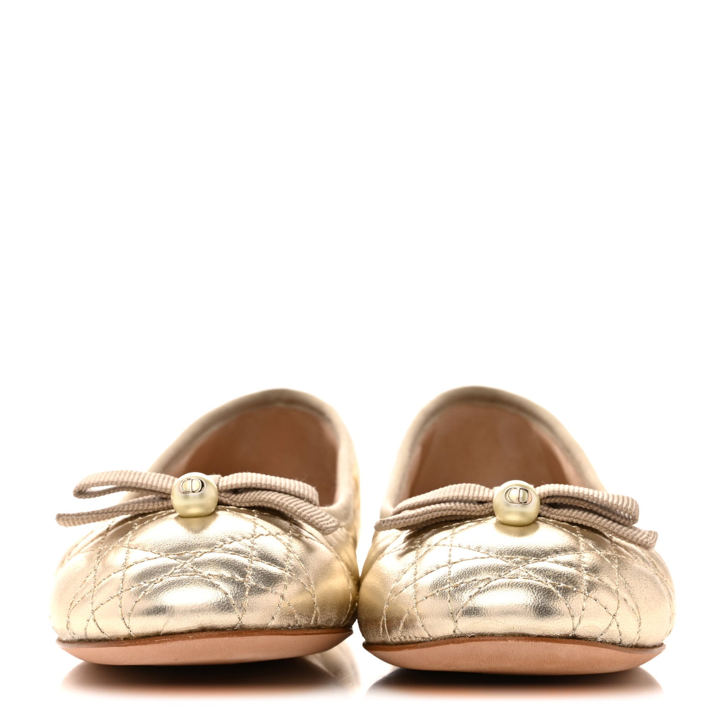 Metallic Lambskin Cannage Pearl Bow Ballet Flats 38 Pale Gold