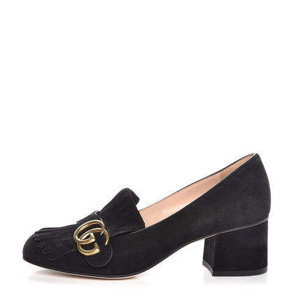 Gucci Kid Scamosciato GG Marmont Fringe 50mm Loafer Pumps 37 Black 1 of 10