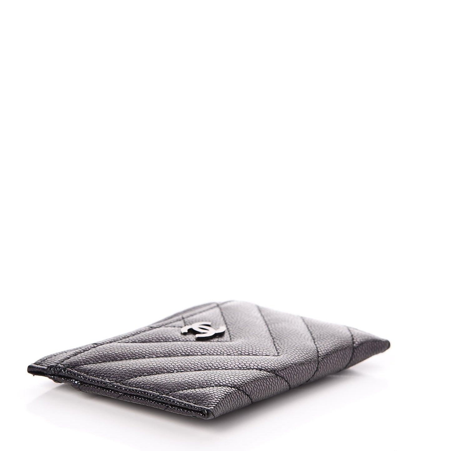 Iridescent Caviar Chevron Quilted Card Holder Black