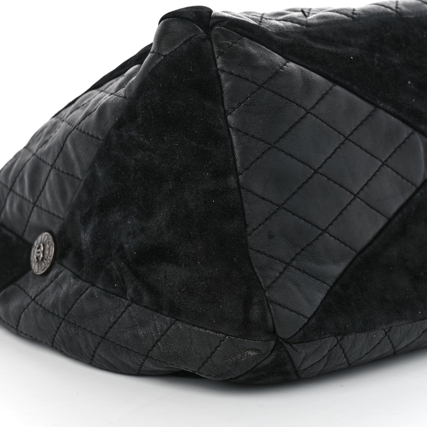 Goatskin Suede Calfskin Quilted Patchwork Drawstring Bag Black