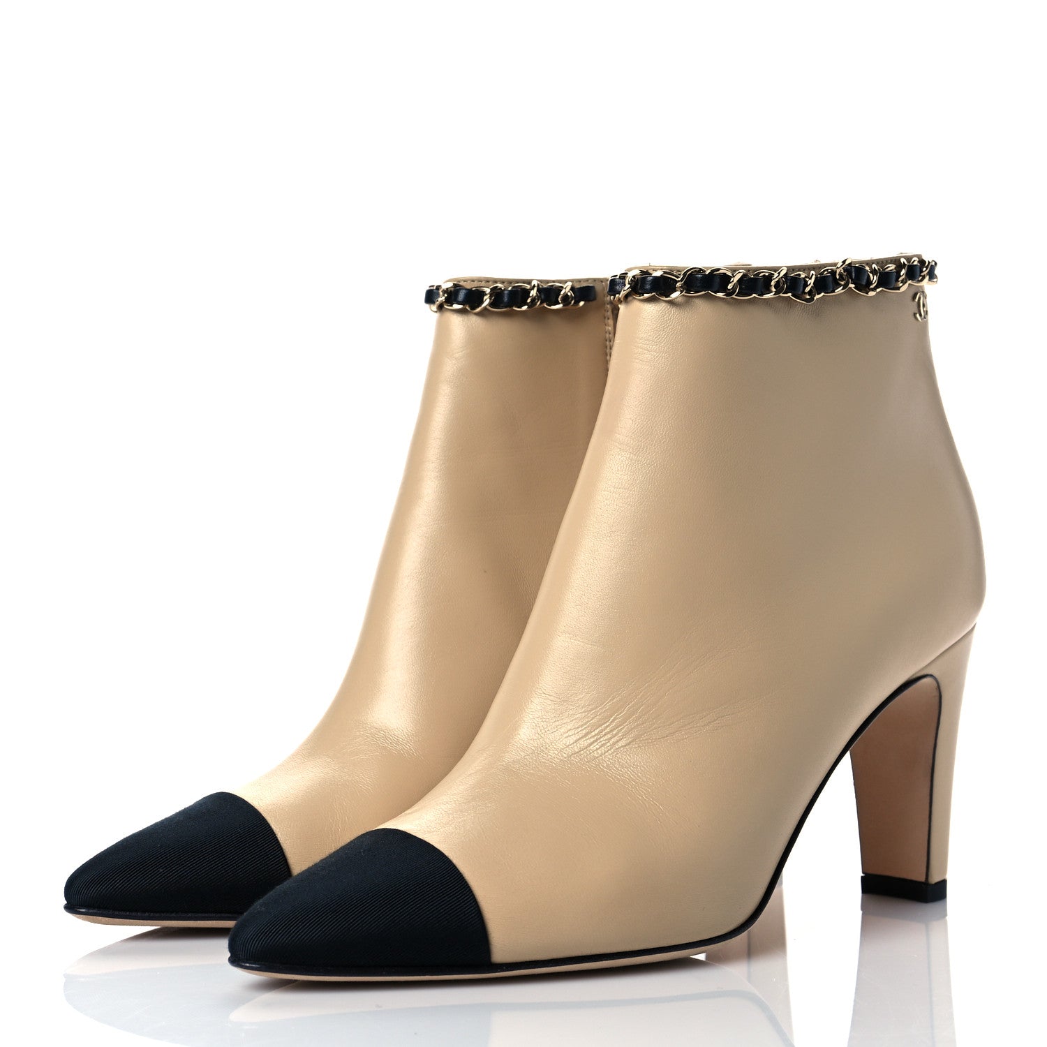 Chanel Lambskin Grosgrain CC Chain Cap Toe Short Boots 36 Beige Black 3 of 12