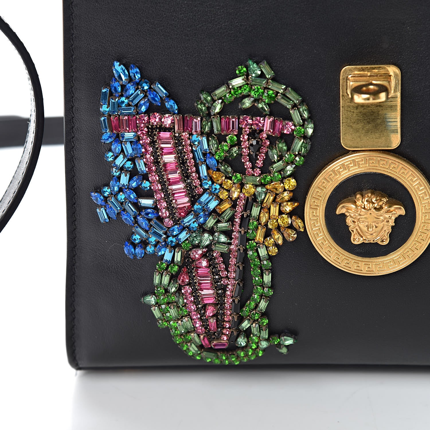 Versace Nappa Crystal Embroidered Alphabet Icon Flap Black 14 of 15