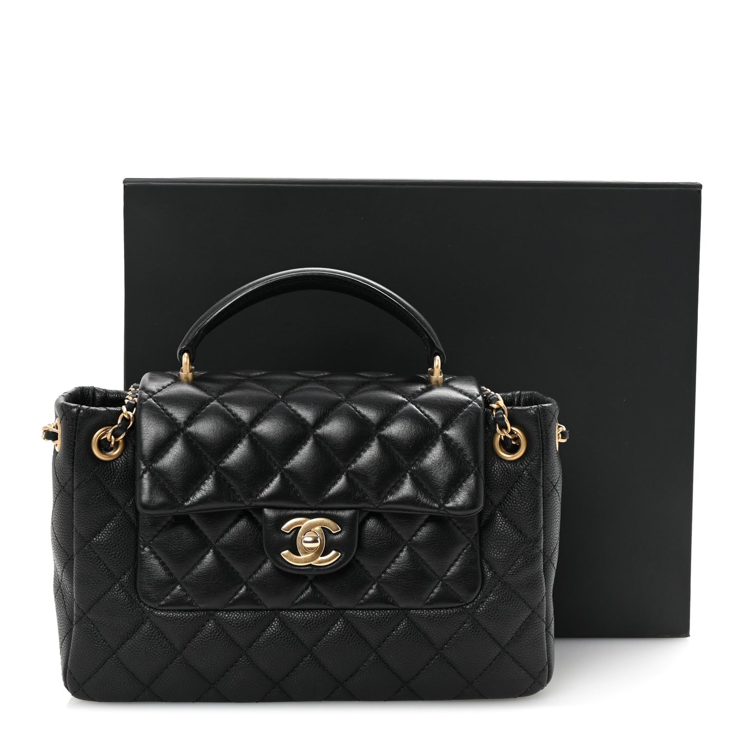 Caviar Calfskin Quilted Small Top Handle Flap Black