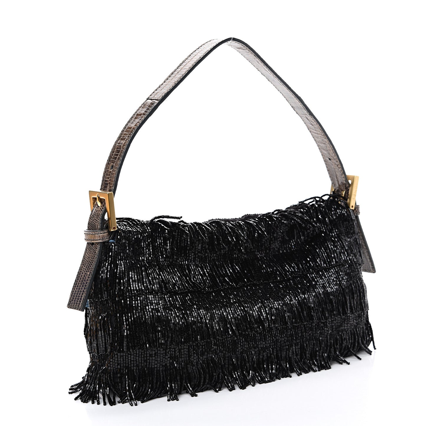 Lizard Beaded Fringe Baguette Black