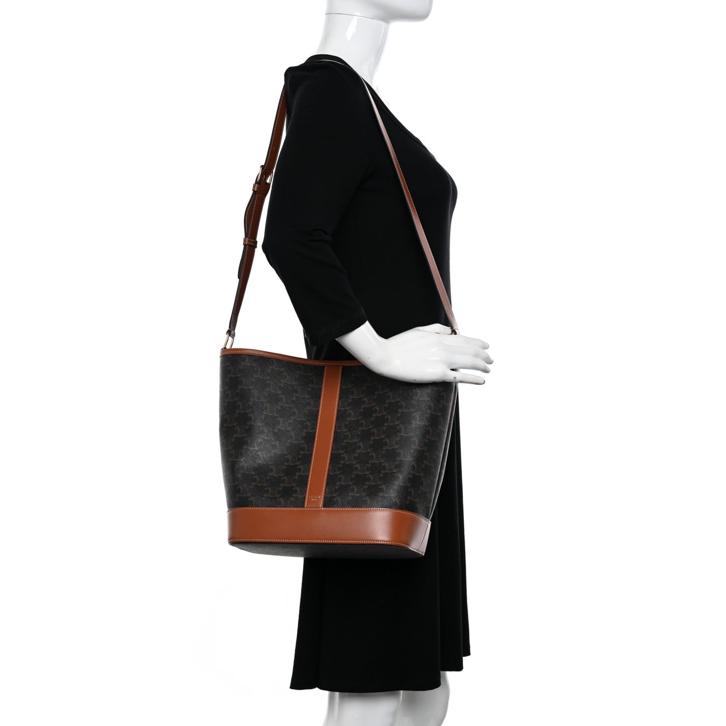 Triomphe Canvas Calfskin Medium Bucket Bag Tan
