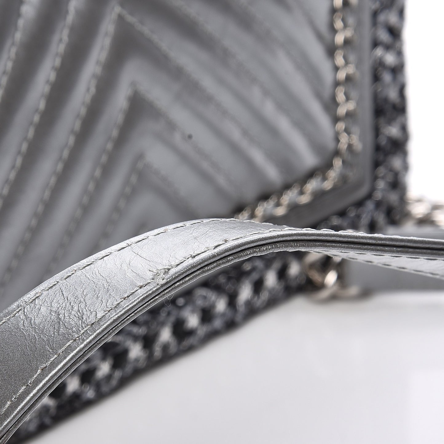 Metallic Calfskin Chevron Quilted Medium Boy Chained Flap Silver