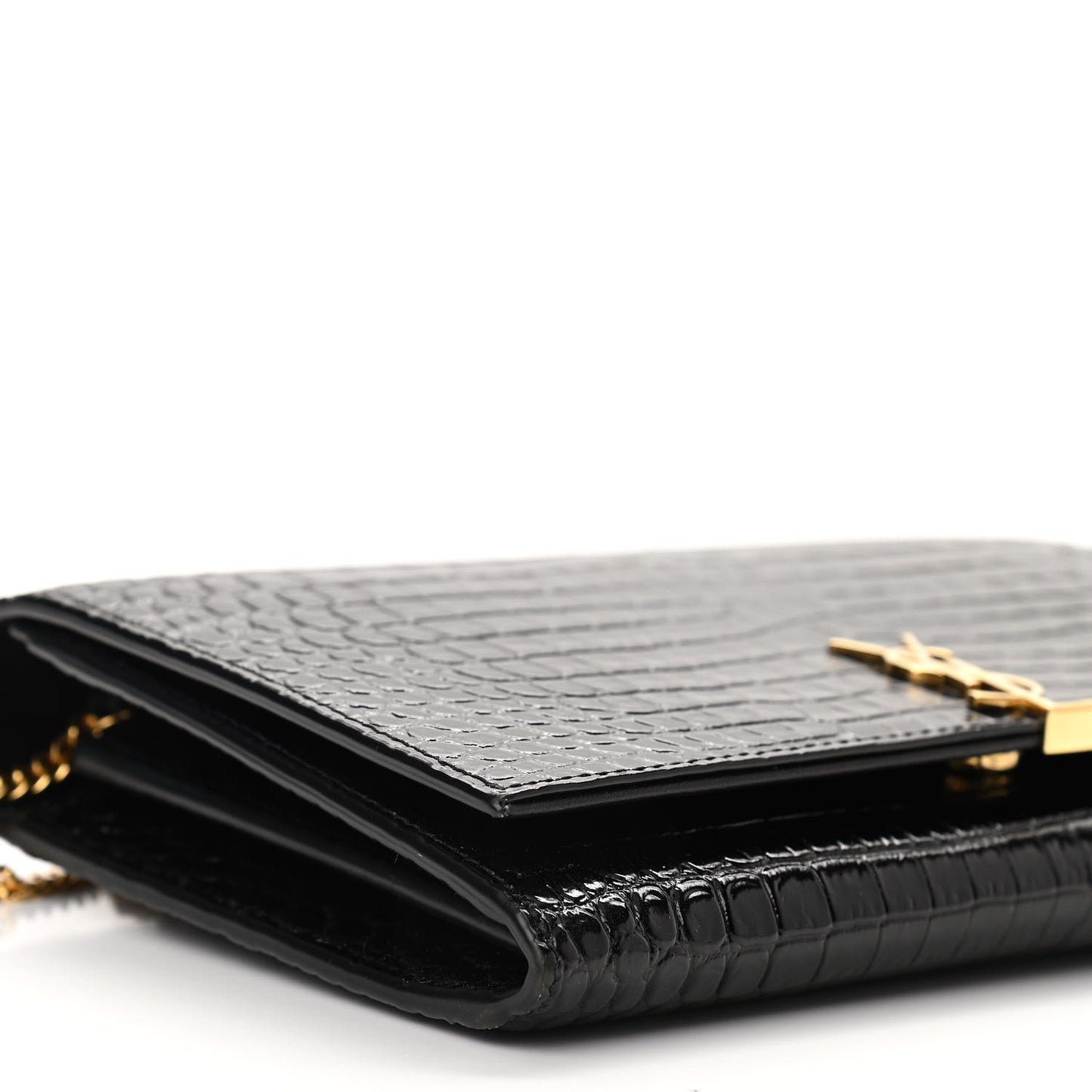 Calfskin Crocodile Embossed Monogram Chain Wallet Black
