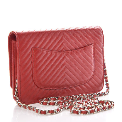 Chanel Caviar Chevron Quilted Wallet On Chain WOC Red 3 of 13