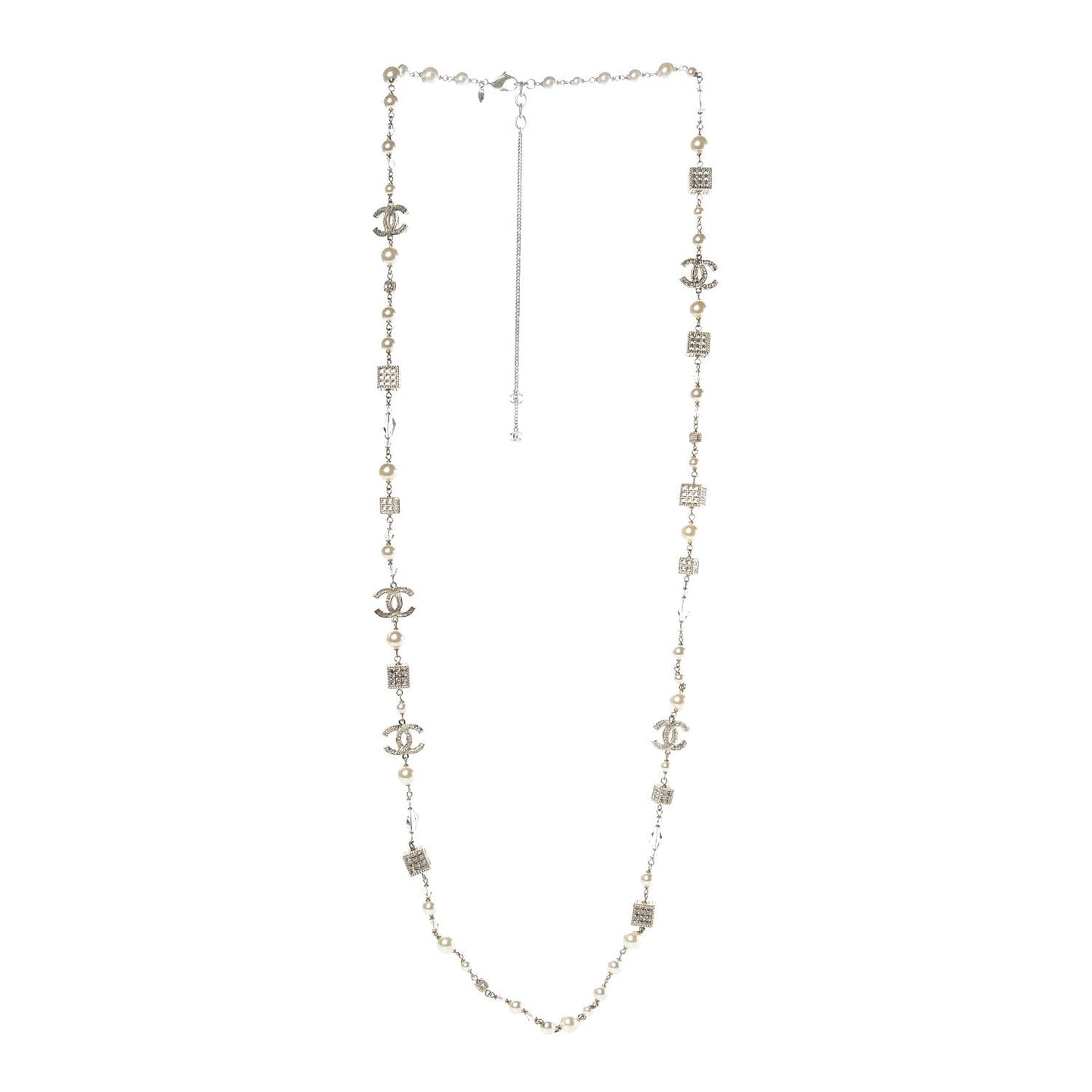 Pearl Baguette Crystal CC Long Necklace Gold