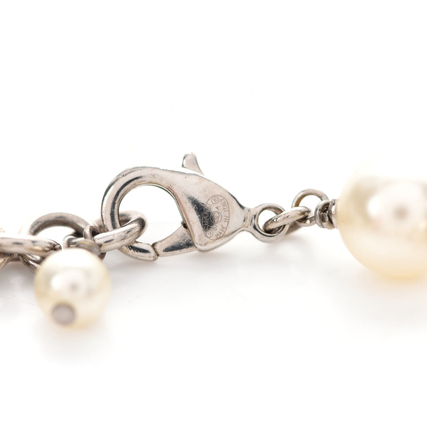 Crystal Pearl CC Charm Bracelet Silver