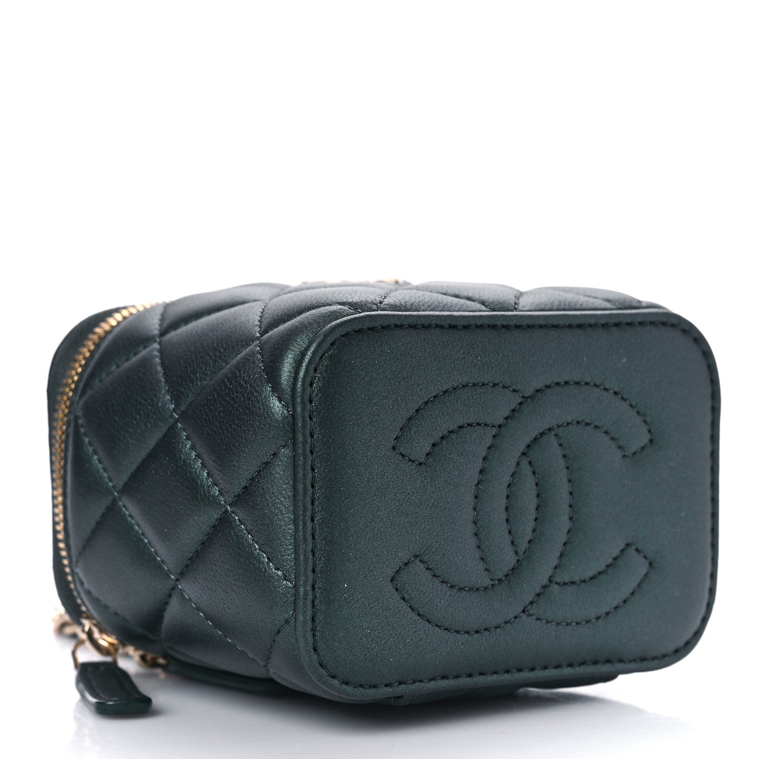 Chanel Iridescent Lambskin Quilted Mini Top Handle Vanity Case With Chain Dark Green 4 of 10