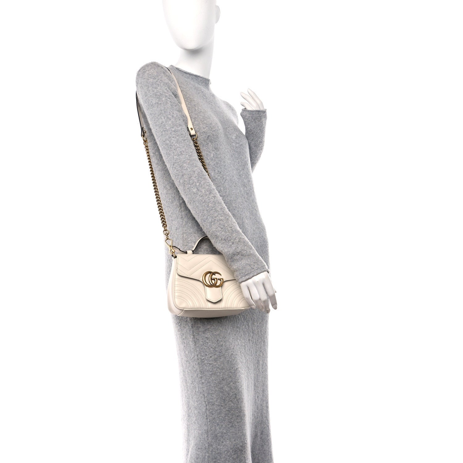 Gucci Calfskin Matelasse Mini GG Marmont Top Handle Shoulder Bag White 2 of 12