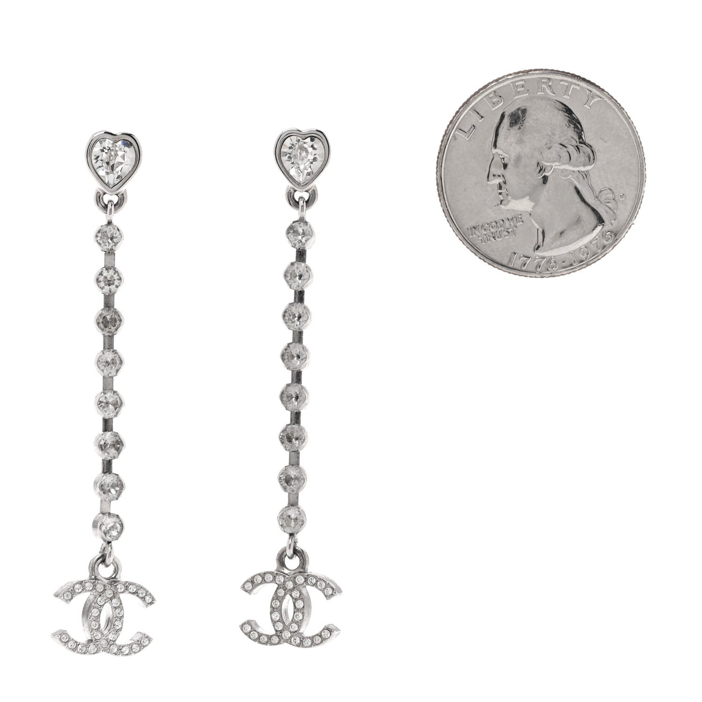 Crystal CC Heart Drop Earrings Silver