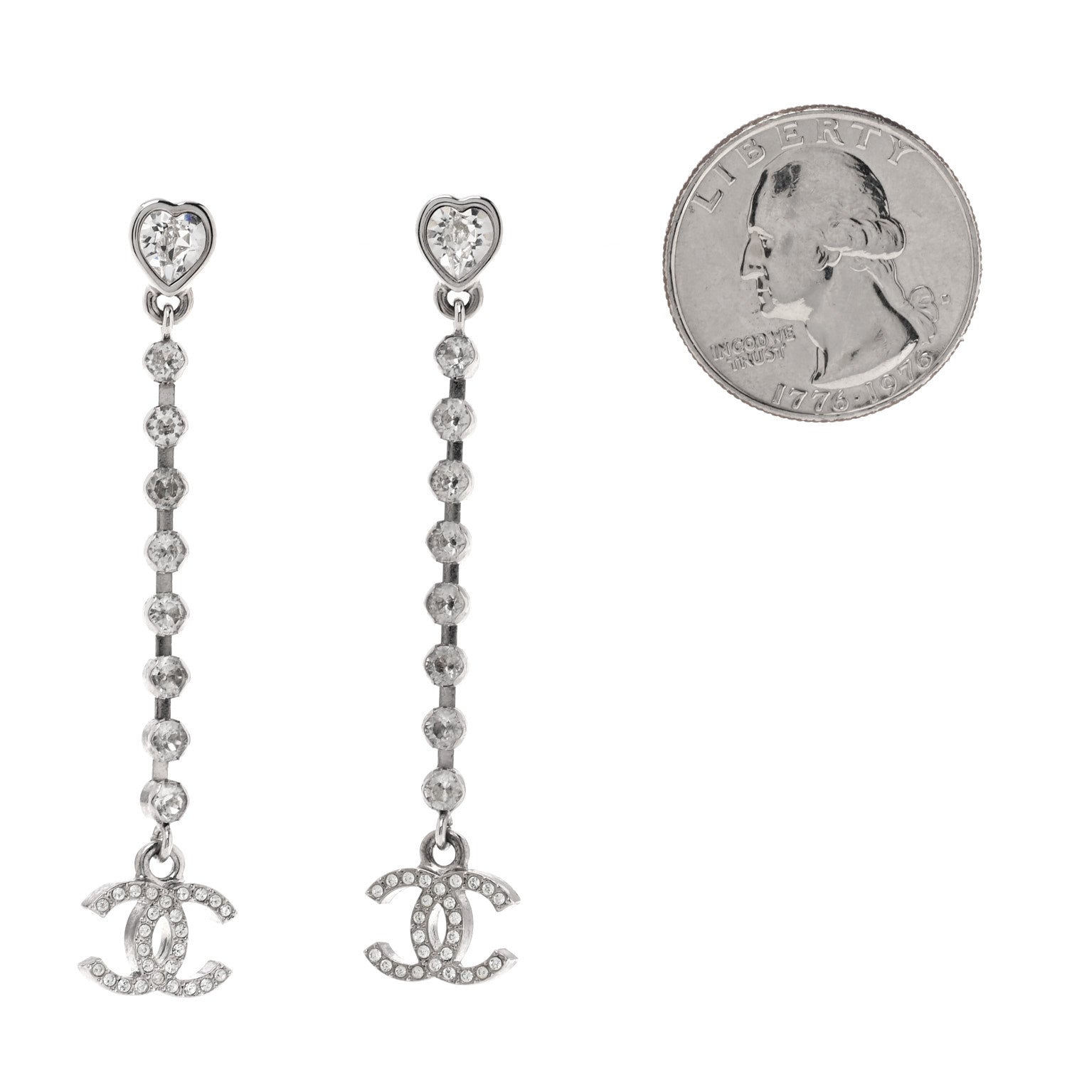 Chanel Crystal CC Heart Drop Earrings Silver 2 of 6