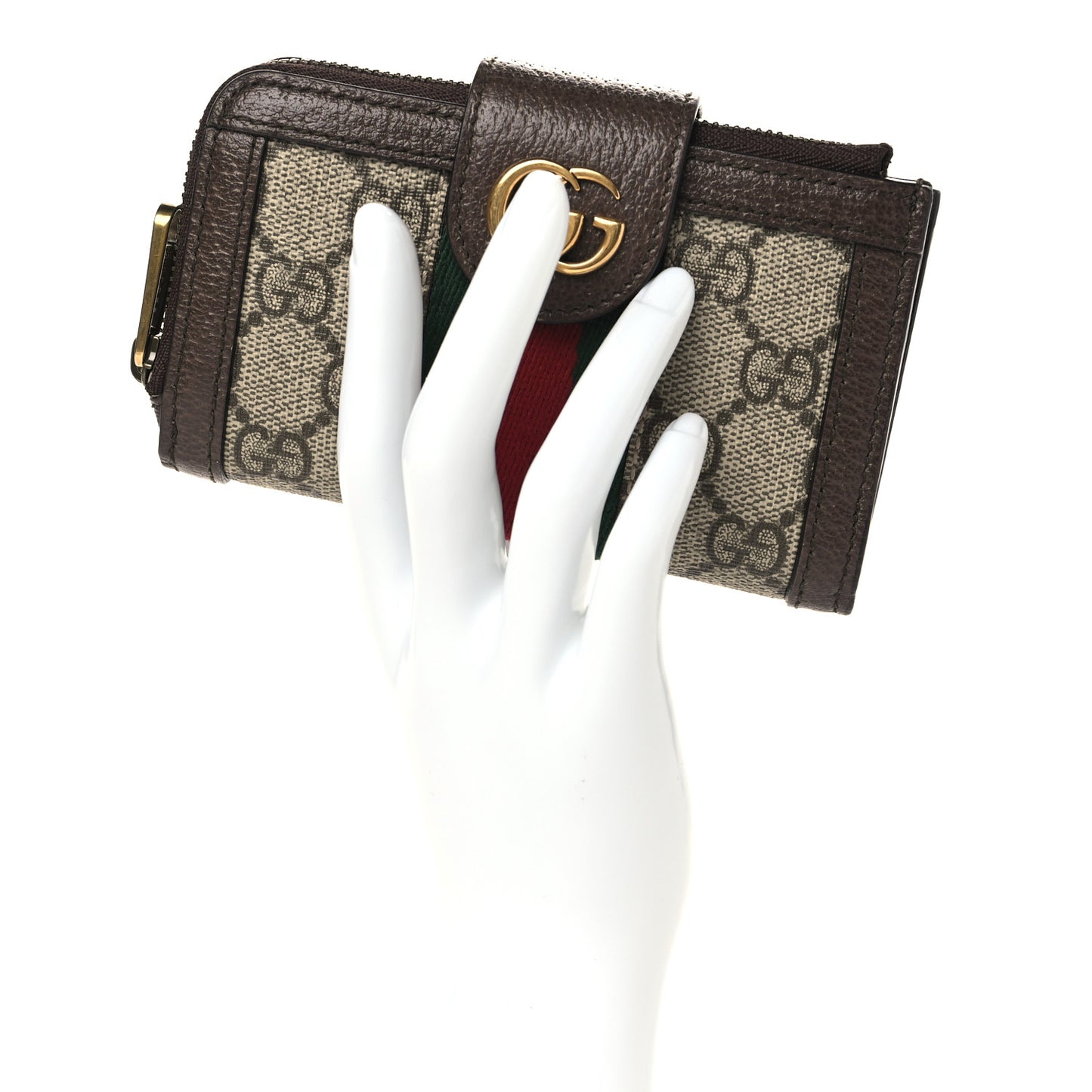 GG Supreme Monogram Textured Dollar Calfskin Web Ophidia Overlay Zip Around Card Case Wallet Beige Ebony New Acero
