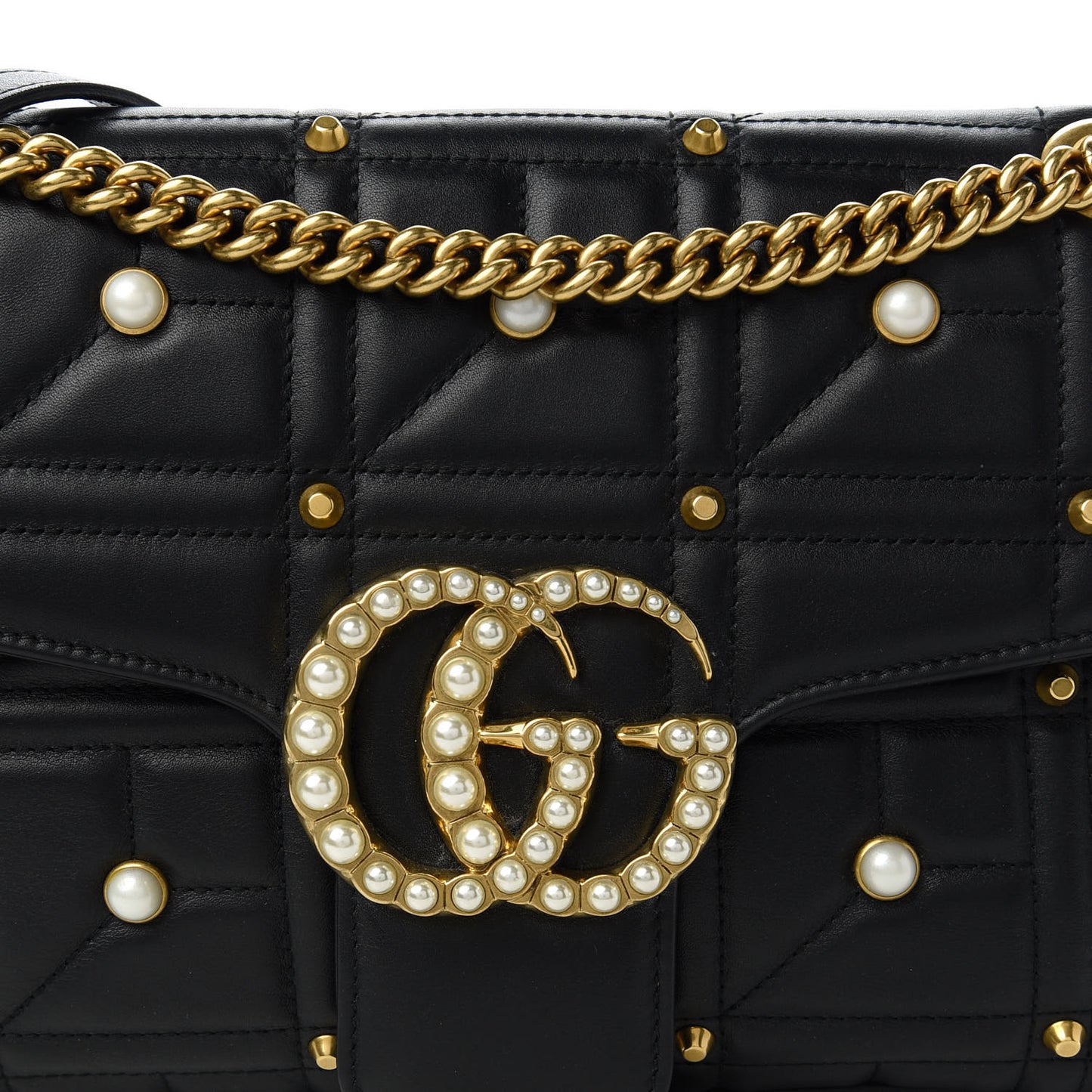 Calfskin Matelasse Studded Medium Pearly GG Marmont Shoulder Bag Black