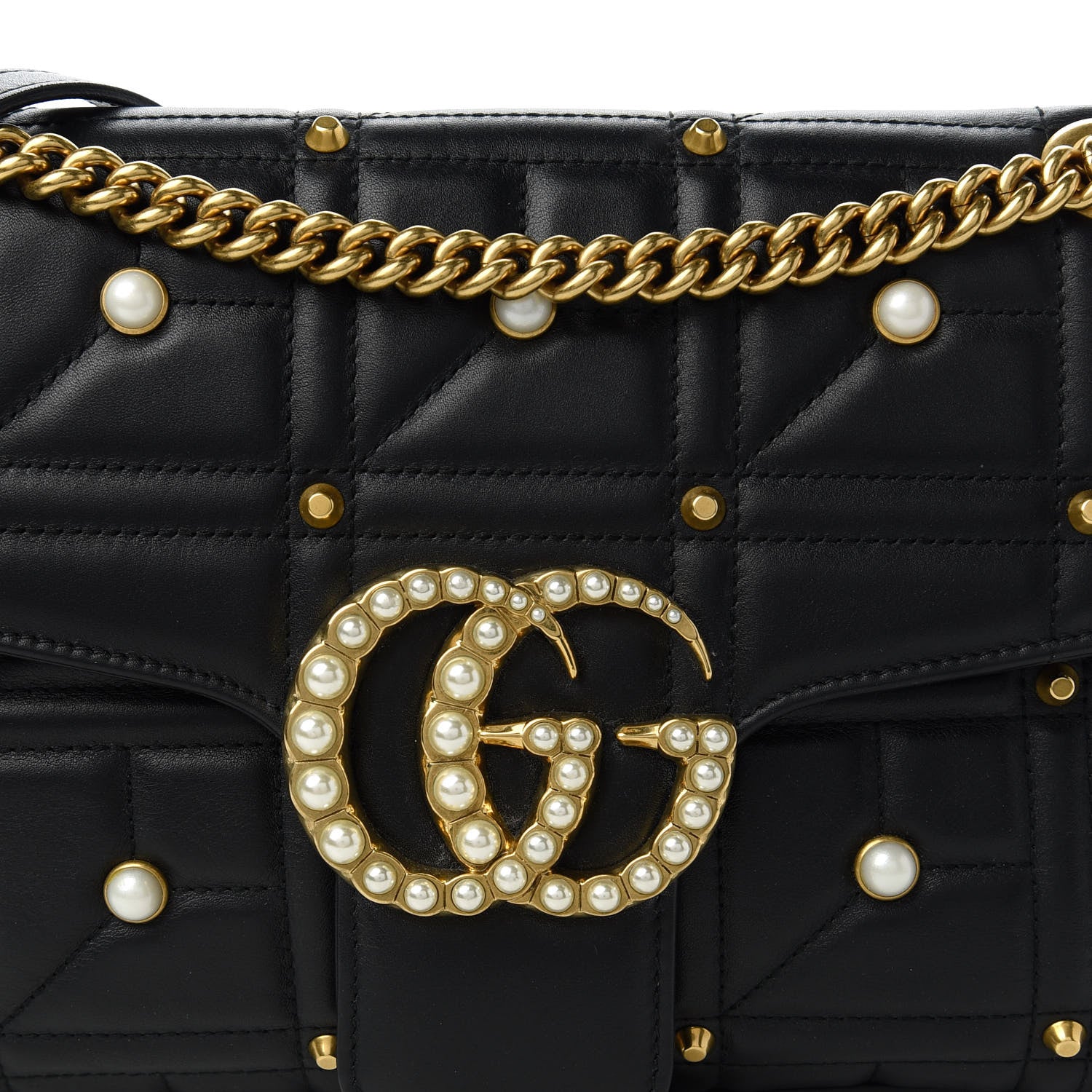 Gucci Calfskin Matelasse Studded Medium Pearly GG Marmont Shoulder Bag Black 10 of 13