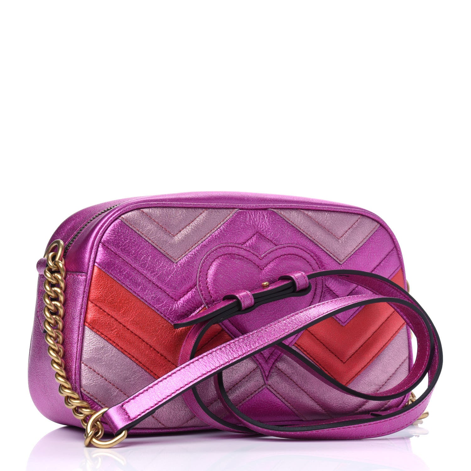 Gucci Laminated Nappa Matelasse Small GG Marmont Chain Shoulder Bag Fuxia Rosso Rosa 2 of 10